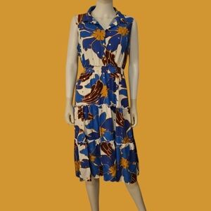ALEX and PARKER Tropical Blue Floral Sleeveless Tiered Shirt Dress